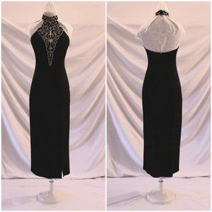 Black silver beaded high neck backless gown dress 2
